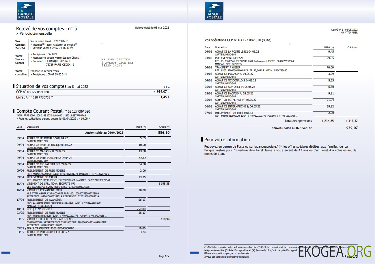Relevé bancaire France La Banque postale 3 pages